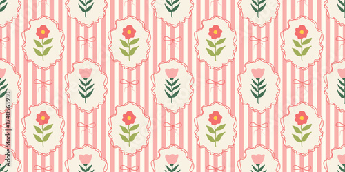 Stripes seamless pattern with hand drawn flower in ribbon frame with bow. floral elegant background. Perfect for decor, fabric, textile, wallpaper