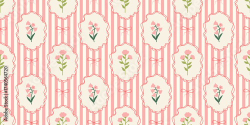 Stripes seamless pattern with hand drawn flower in ribbon frame with bow. floral elegant background. Perfect for decor, fabric, textile, wallpaper
