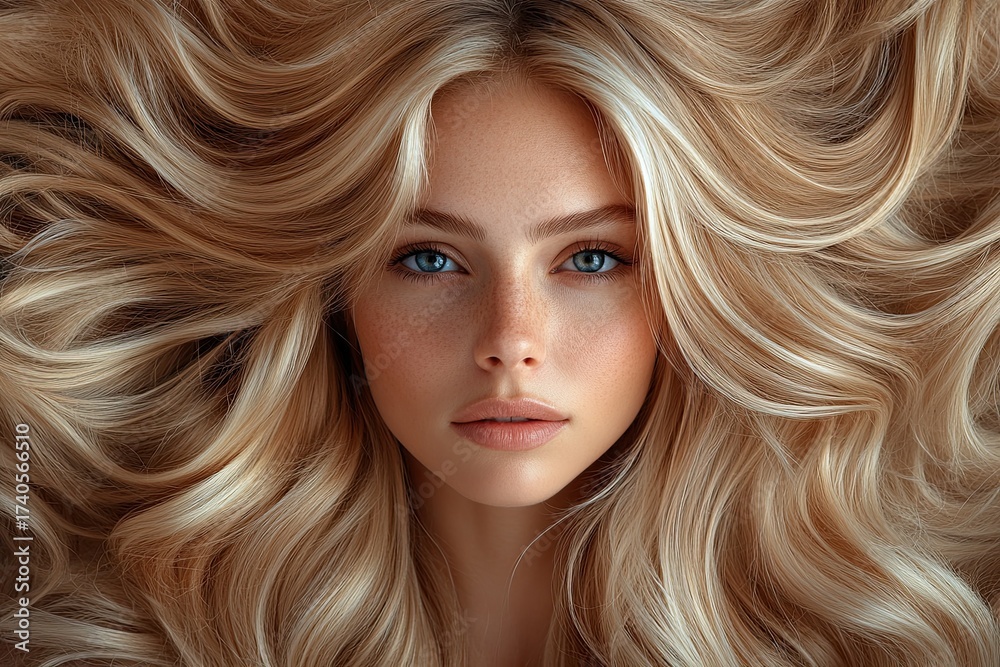 Naklejka premium Beautiful woman with long healthy voluminous wavy blonde hair.