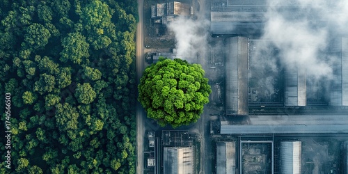 Aerial view contrasting a lush green forest with a polluting industrial factory.