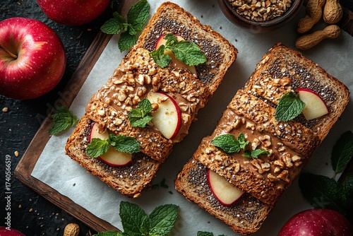 Healthy Breakfast Toast with Apple Peanut Butter and Nuts.