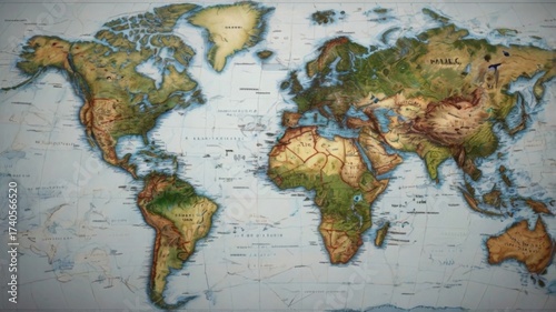 Detailed World Map Highlighting Topography, Countries, and Bodies of Water for Educational and Artistic Purposes
