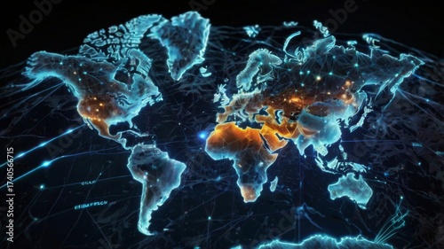 Futuristic World Map with Geometric Design and Glowing Connections Representing Data and Technology Across Continents