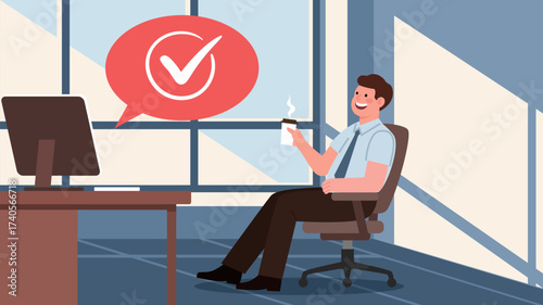 A businessman enjoying a coffee break after successfully completing a task, or online feedback.