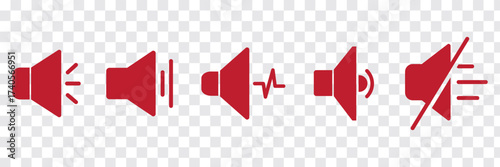 Volume and Speaker Icons Set Sound Symbols Including Mute, Low, Medium, and High Volume Levels in Minimalist Line Style for Media Players, Mobile Apps, and Web Audio Interfaces Vector Grey, Red color.
