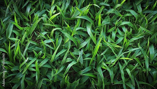 Top down view of lush green grass blades creating a natural texture background.
