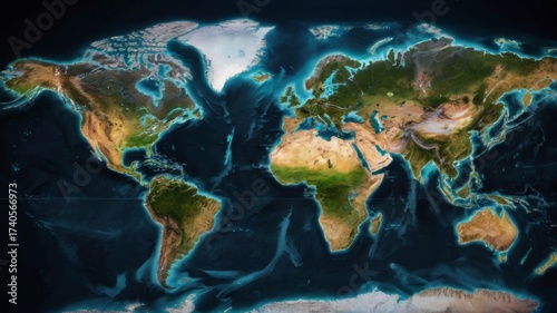 Detailed Topographic World Map with Natural Colors, Highlighted Features and Geographic Boundaries for Educational Use