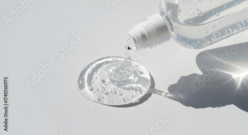 Clear gel hand sanitizer spills from bottle onto white surface
