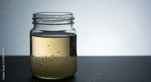 Clear glass jar filled with a light amber liquid, containing small, dispersed particles.  Light subtly illuminates the jar's contents.  A dark surface is visible beneath