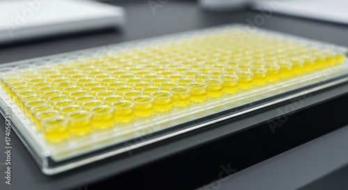 Clear plastic lab plate filled with bright yellow liquid