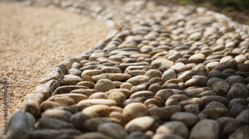 Obraz premium Pebbled Path Close-up: Smooth Rounded Stones and Natural Shadows - Tranquil Groundscape