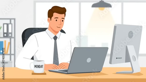 Animated Businessman Drinking Coffee from a 'MONDAY' Mug