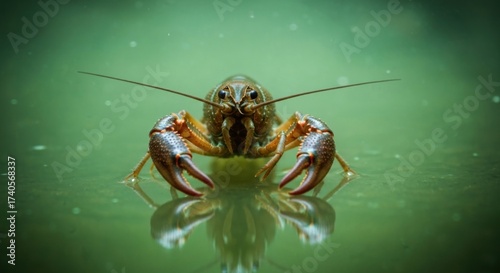Close-up of a crayfish centered in a still, murky green water, reflecting its image.  Its body and claws are a light brownish-orange.  Antennae extend outward