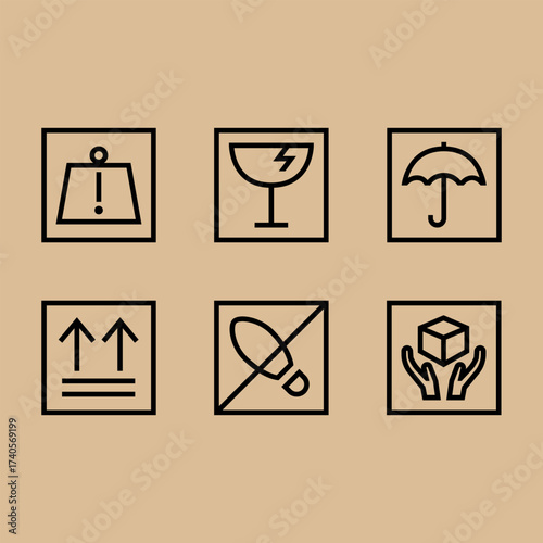 Fragile cargo icon set. Outline icon of shipping label. Handle with care label.