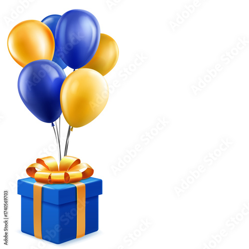 A gift box with a golden ribbon and blue and yellow balloons on a white background, in a realistic style.