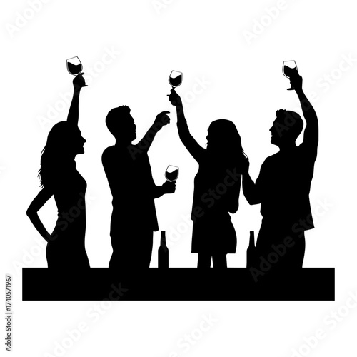 silhouette of a man and woman in a party drink a wine
