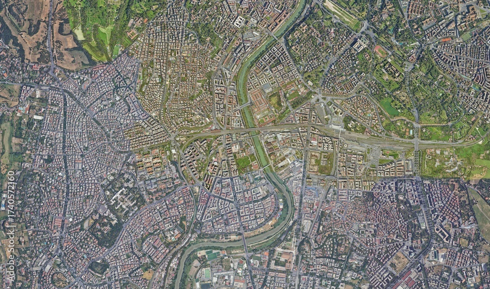 Obraz premium Rome, Italy: High-Resolution Aerial View of the Dense Urban Fabric and Tiber River