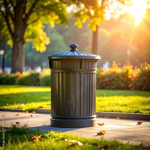Trash Can in a Sunny Park - A Clean Environment.