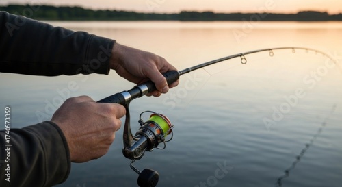 Close-up of hands holding fishing rod over tranquil lake at dawn