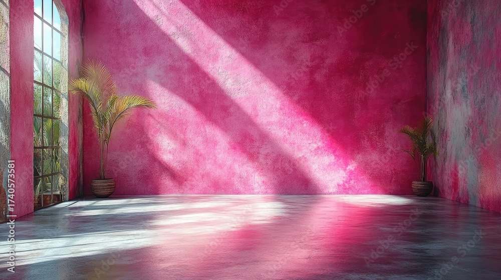 Naklejka premium Dramatic Sunlight Streaming into an Empty Pink Textured Room.