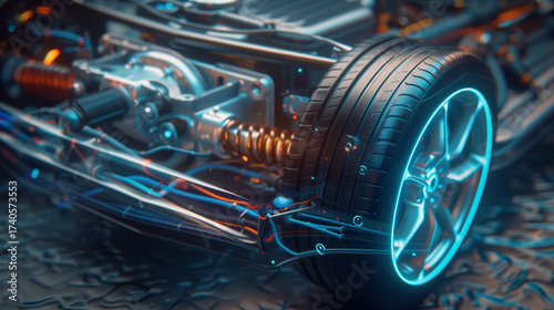 Extreme close-up of EV’s transparent chassis: glowing current lines, spinning rotor, 3D-rendered electric motor with energy flow, cool palette.
