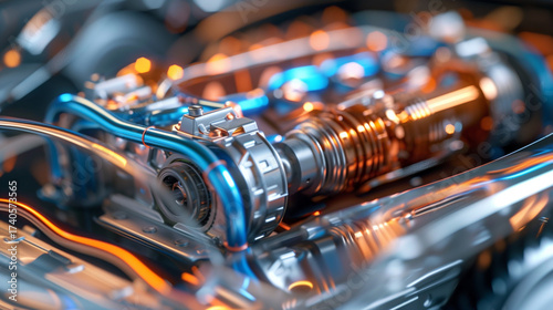 Extreme close-up of EV’s transparent chassis: glowing current lines, spinning rotor, 3D-rendered electric motor with energy flow, cool palette.
