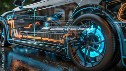 Extreme close-up of EV’s transparent chassis: glowing current lines, spinning rotor, 3D-rendered electric motor with energy flow, cool palette.