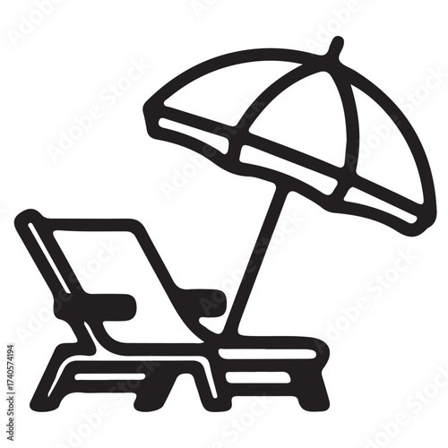 Beach Chair and Umbrella Silhouette Minimal Summer Vacation Icon on White Background
