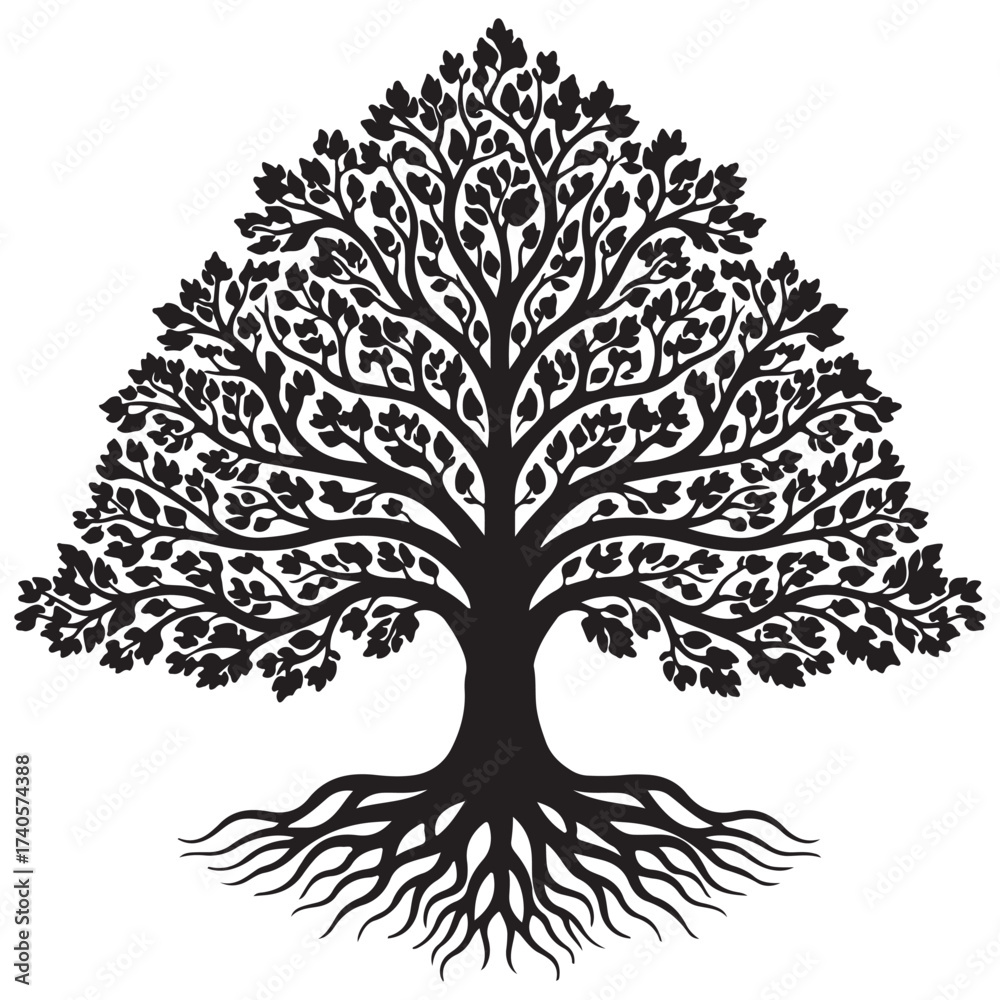 Obraz premium Stylized Tree Silhouette with Branches, Leaves, and Roots Minimal Nature Illustration on White Background