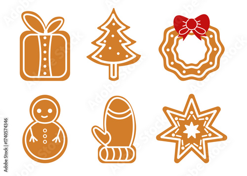 Flat style illustration set of various gingerbread cookies: gift, tree, wreath, snowman, mitten, and star perfect for Christmas, New Year, and winter holiday baking designs.