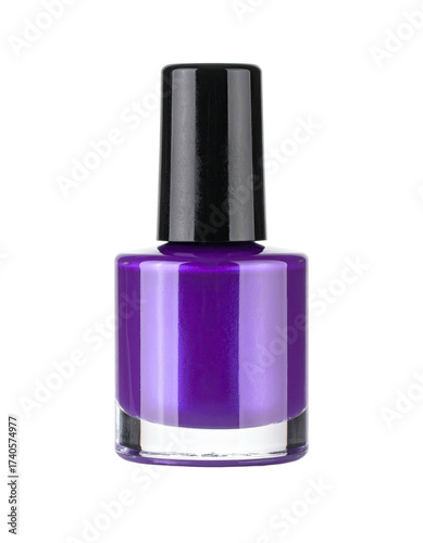 A purple nail polish bottle,  glossy,  clear glass,  black cap