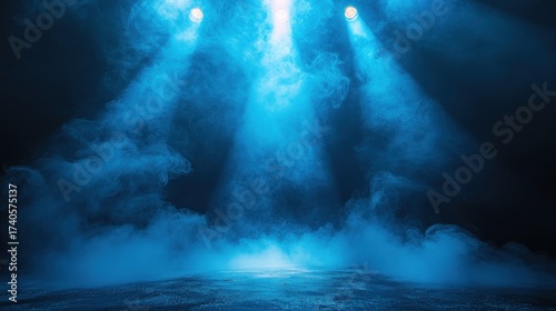 Dramatic blue spotlights shining through smoke on a dark stage.