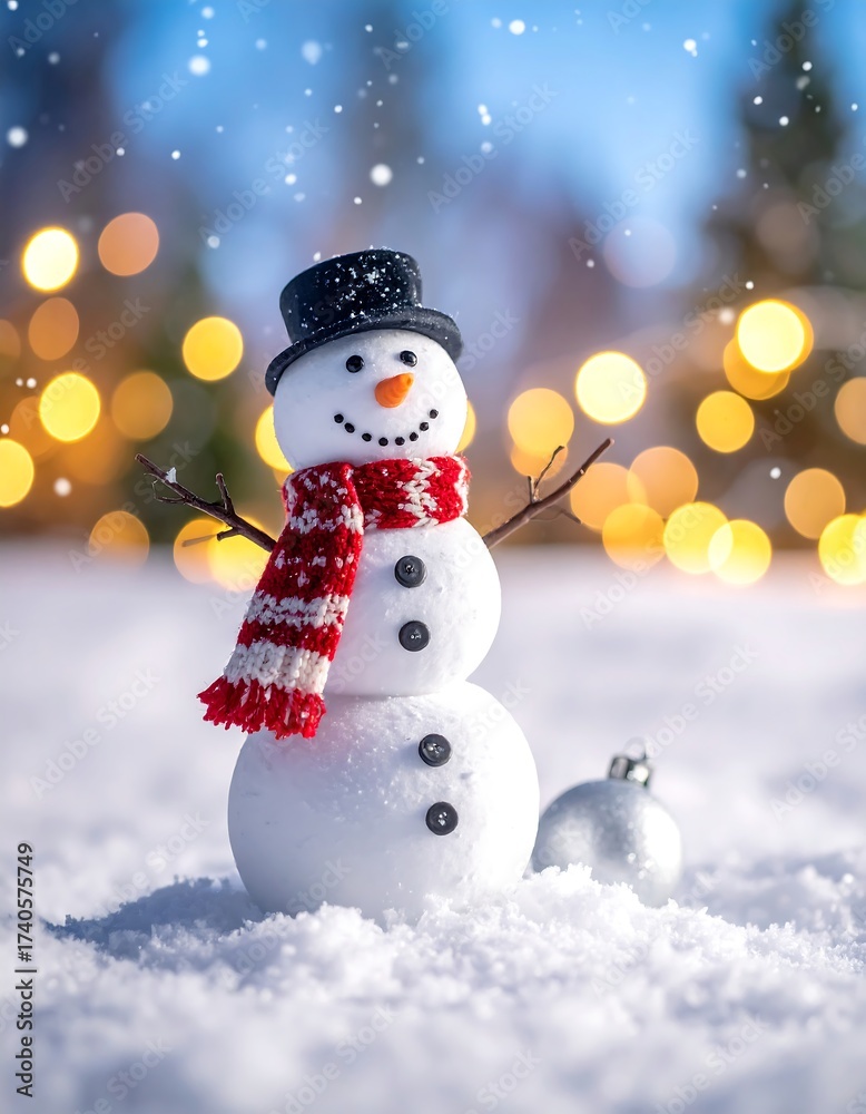Fototapeta premium A cute snowman with a hat and scarf on a snowy day