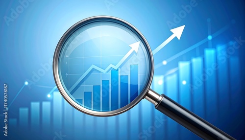 Magnifying glass highlighting business growth chart with upward trend and detailed analysis for financial success and investment insights