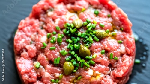 Close-up view of a vibrant, flavorful beef tartare dish, garnished with capers and chives, displayed on a dark slate plate.