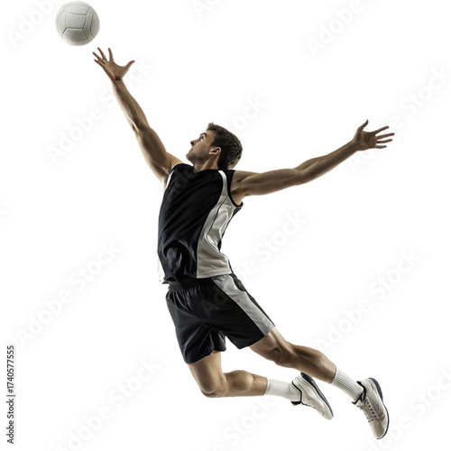Male Volleyball player jumping high to spike a ball on  transparent background