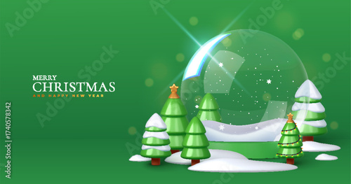Cute and festive 3D snow globe with fir trees. Green holiday background makes it perfect for Christmas banners, posters, or product displays. Vector style.