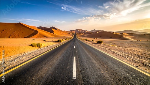 Fototapeta Naklejka Na Ścianę i Meble -  Empty highway cuts through massive dunes under a vibrant sunset sky