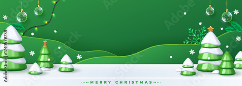 Festive Merry Christmas banner featuring a studio table with a decorated Christmas tree. Holiday background with ornaments, snowflakes, and warm winter atmosphere.
