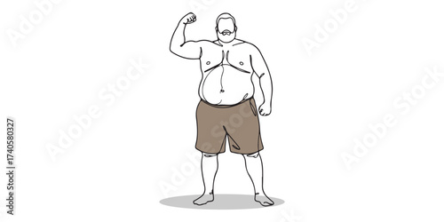 Minimal line art illustration of an overweight man flexing arm muscles, symbolizing body confidence, obesity awareness, health, strength, and lifestyle concept.