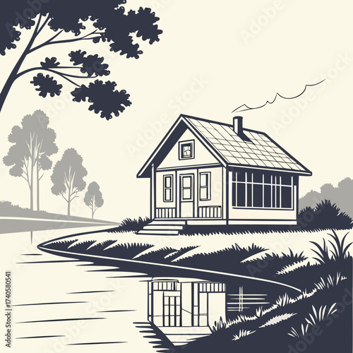 A charming rustic cottage with a smoking chimney sits on a grassy bank beside a calm lake with its reflection visible