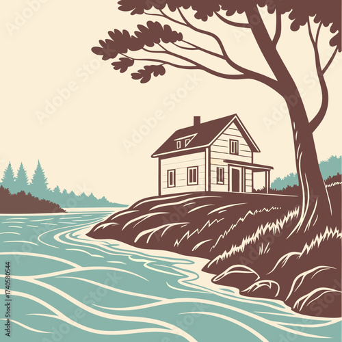 A charming wooden house sits on a grassy hill overlooking a flowing river with a large tree in the foreground