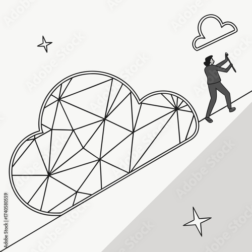 A determined businessman climbs a steep incline swinging a pickaxe towards a large geometric cloud symbolizing ambition and the pursuit of abstract goals