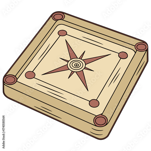A simple stylized illustration of a carrom board game with a compass design in the center and red circles at the corners