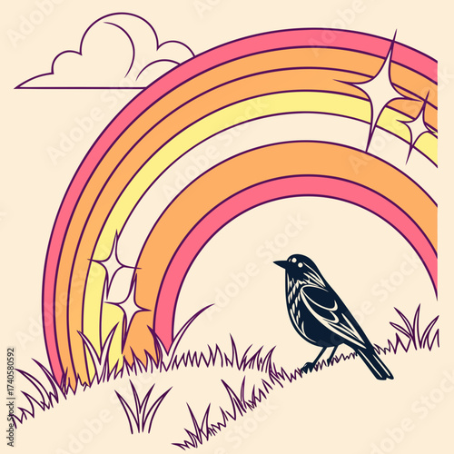 A solitary black bird stands on grassy ground beneath a vibrant rainbow with sparkling stars and a stylized cloud