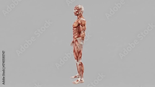 Detailed anatomical view of the human muscular system, showcasing the intricate network of muscles in the body.