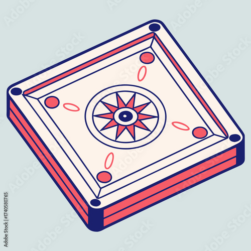 Isometric illustration of a carrom board with a central star design and red circles on a light blue background representing a board game
