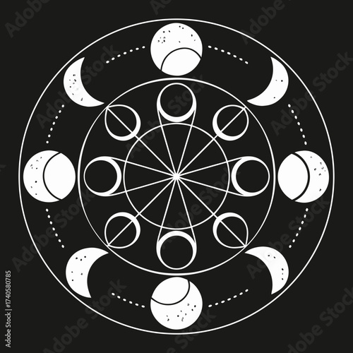 Mystical celestial moon phase mandala with geometric patterns and starry accents on a dark background symbolizing cosmic cycles and spiritual energy