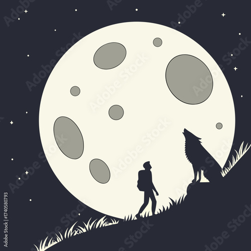 Silhouette of a lone hiker and a howling wolf against a giant full moon and starry night sky