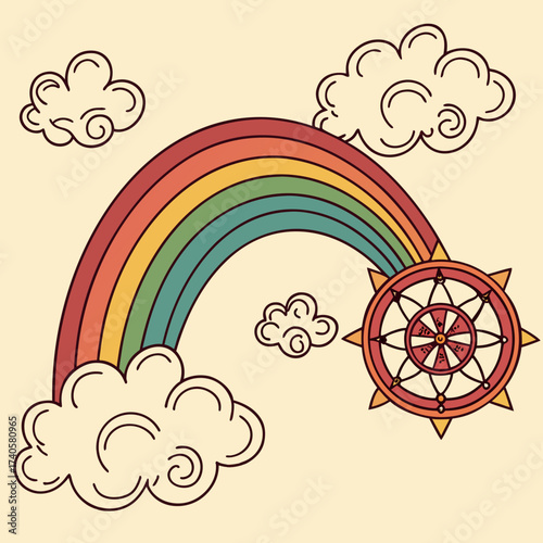 Whimsical rainbow arches over fluffy clouds with a dharma wheel symbol on a soft yellow background representing hope and spirituality